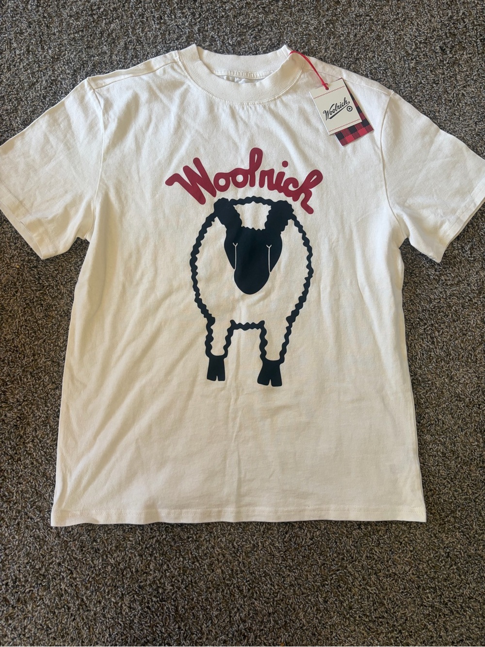 Woolrich White Tee with Sheep and Maroon Logo